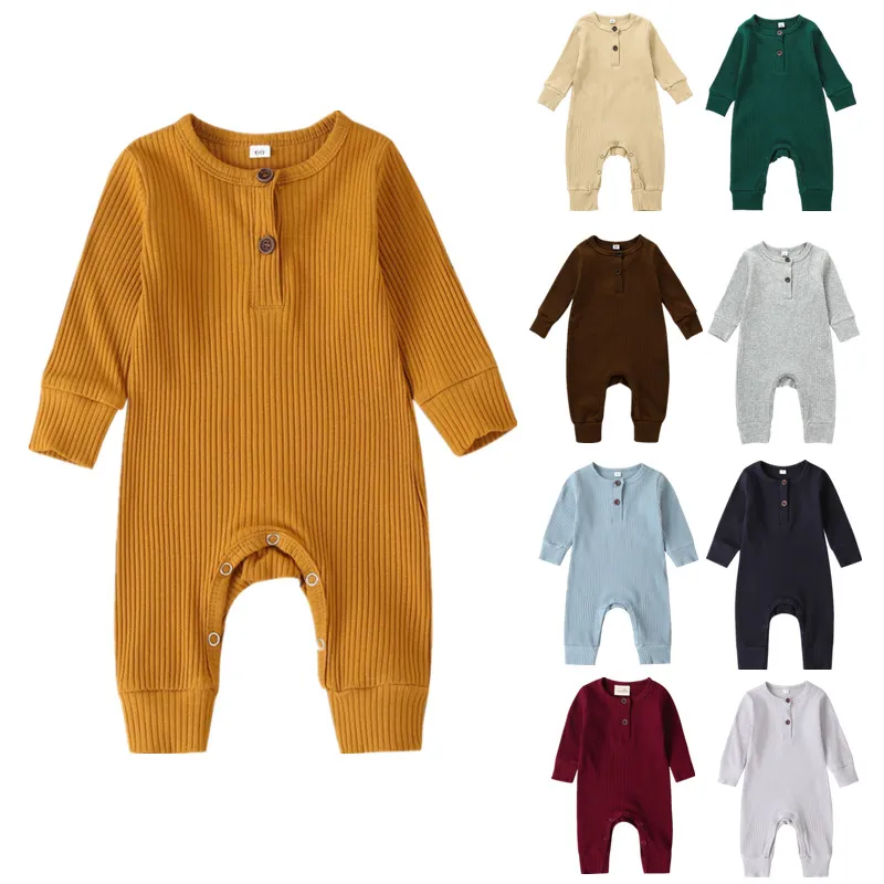 Newborn Baby Girl Boy Knit Ribbed Romper Autumn Clothes Button Solid Color Long Sleeve Jumpsuit for Kids Baby Items Clothing