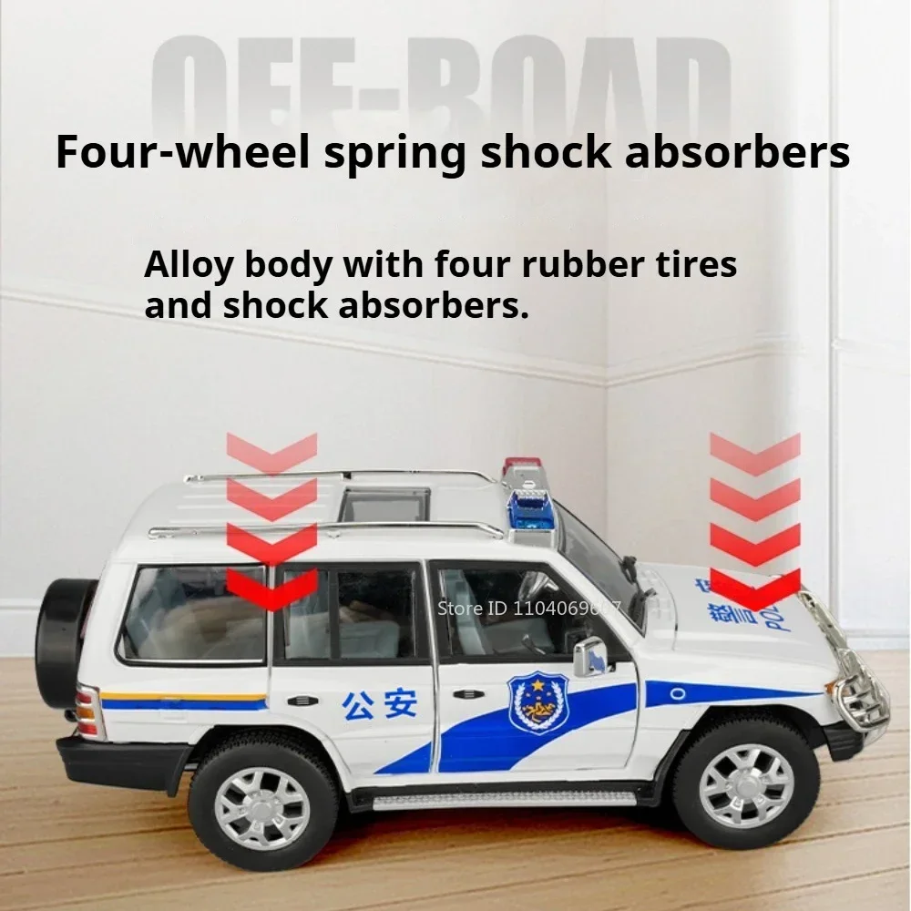 1:18 Mitsubishi Pajero Police Car Cruiser LC300 SUV Model Toy Pull Back Music Light Doors Opened Vehicles Models Shelf Display