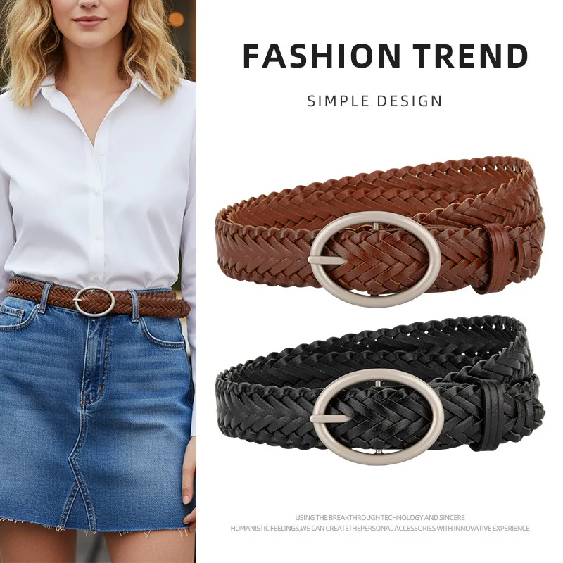 New Women's Hand Woven Genuine Leather Metal Round Buckle Jeans Decorative Belts Female Woving Leisure Fashion Vintage Belt