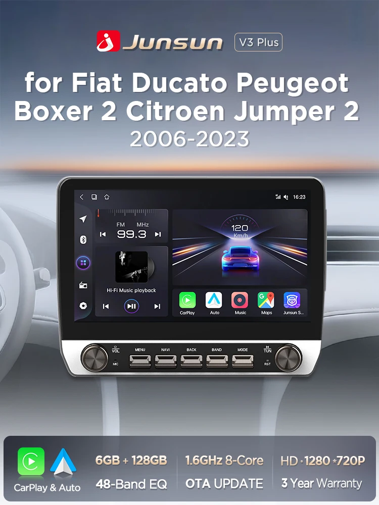 Junsun 10,1-Zoll-Autoradio für Fiat Ducato, Boxer 2, Jumper 2 2006-2023, kabelloses CarPlay, Android Auto, intelligente Systeme, IPS-Touchscreen mit physischen Tasten, DSP, GPS-Navigation, WLAN, DAB+,