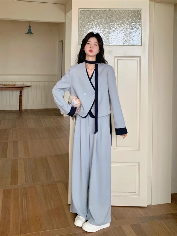 

Casual Commute Style Color Block Suit Women's Blue Wide Leg Pants Matching Jacket Autumn Fashion Set Polyester Fiber V Neck B...