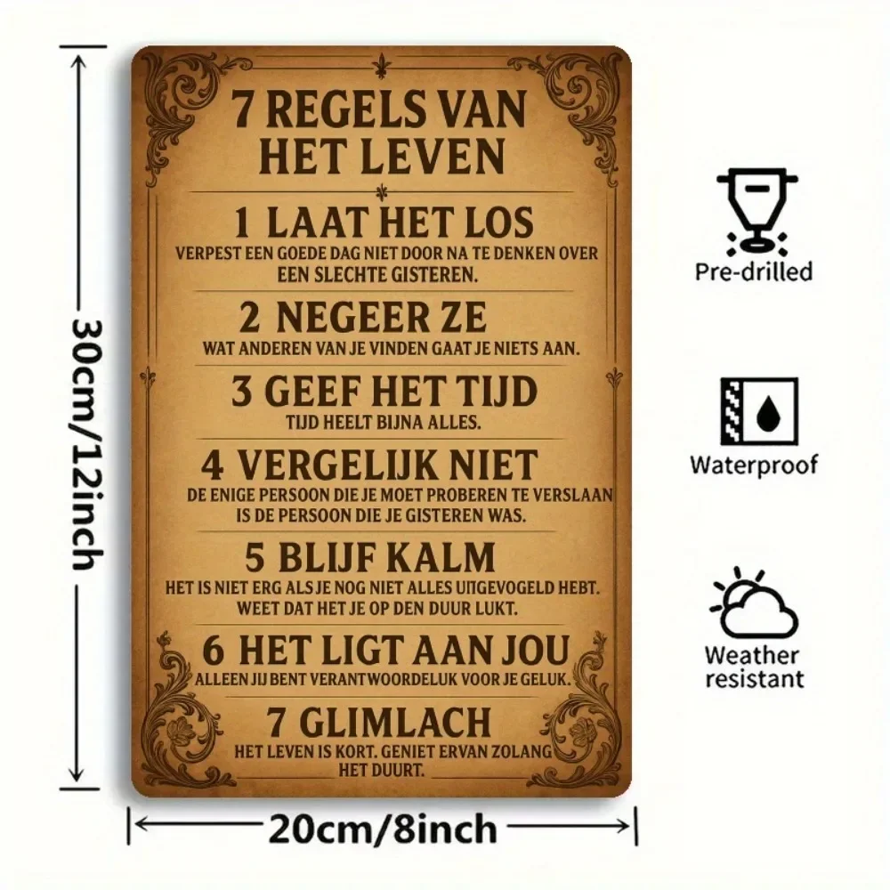 [مسطح [مسطح] لافتة حائط معدنية هولندية عتيقة "7 Regels Van Het Leven" - ديكور حديد ريفي مع قواعد ملهمة للعيش