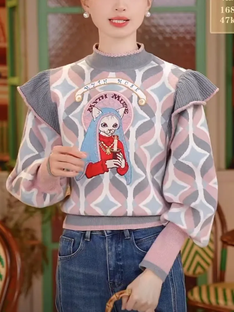 

Весенние винтажные вязаные женские свитера с вышивкой мультфильмов, пуловеры, милый шикарный свитер высокого качества с оборками, трикотаж, топы, джемпер