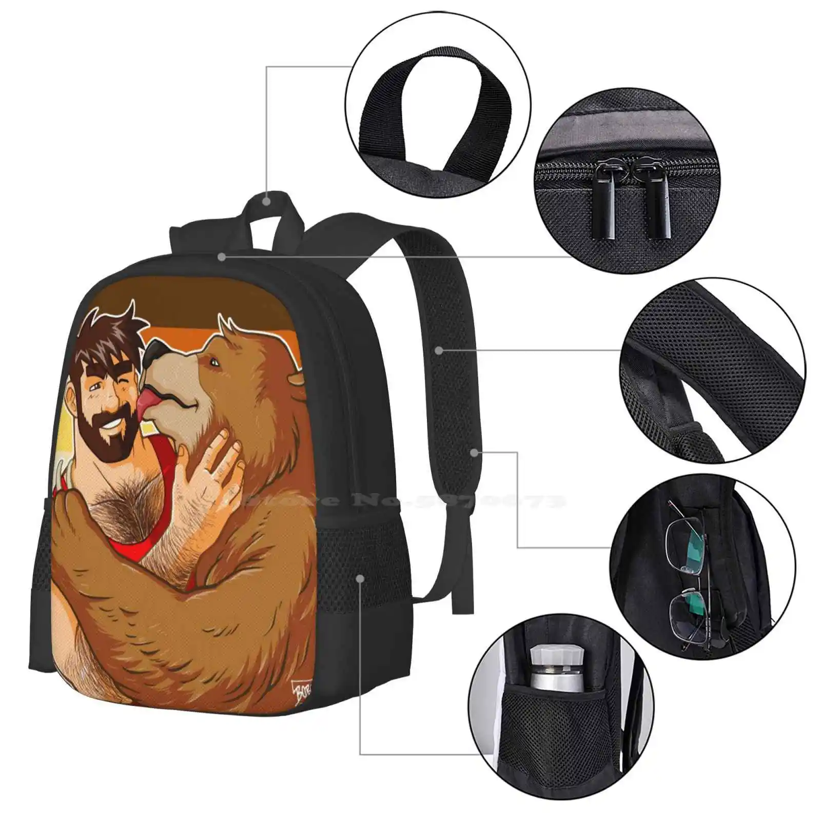 Bear Kiss-Bear Pride Teen College Student Backpack Pattern Design Bags Bobobearart Bobo Bear Bobo Nisi Gay Bear Gayart Gay Art