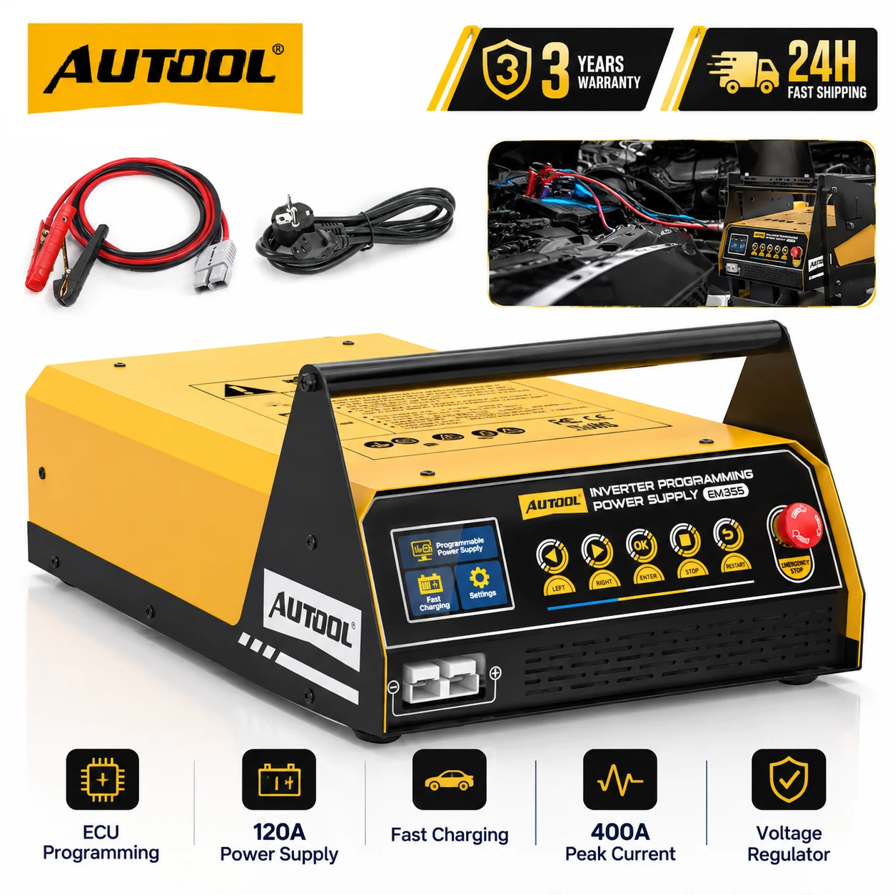 AUTOOL EM355 400A Programming Power Supply Auto Reprogramming Tool Car Jump Starter 110V Regulator Transformer for ECU Diagnostic