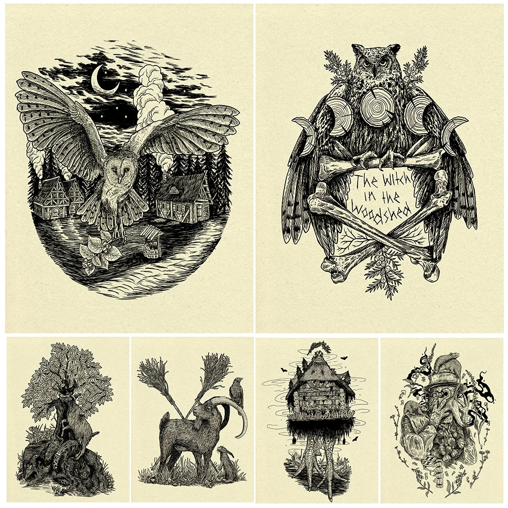 

Baba Yaga Marsh Hut And Pestilence Doctor Vintage Wall Art Canvas Print Jungle Witch Magic Animal Element Art Poster Print Decor