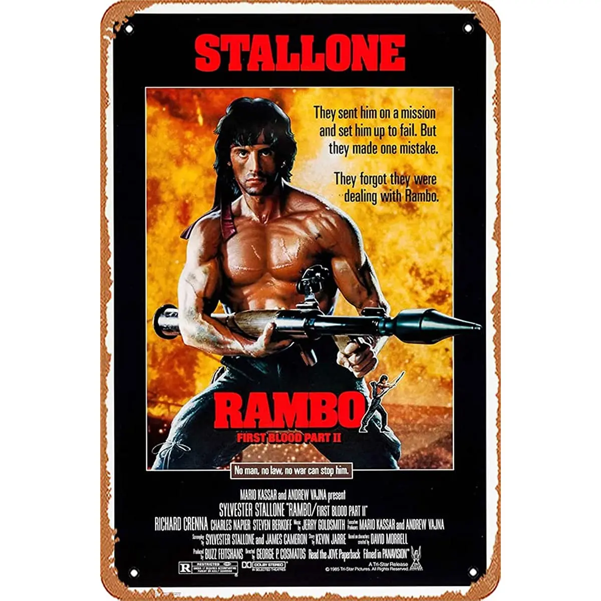 Rambo First Blood Part II (1985) Funny Decor Metal Tin Sign Funny Metal Poster Wall Art Decor Sign for Garden, Home Decor, Shop