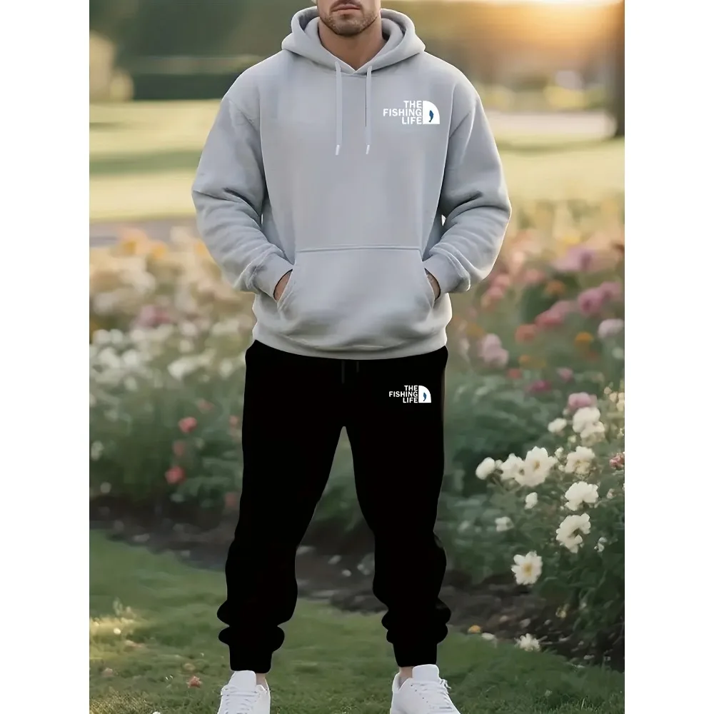 ملابس رياضية كاجوال للرجال في فصل الشتاء - سترة بقلنسوة متينة وسميكة مع مجموعة سراويل ضيقة دافئة