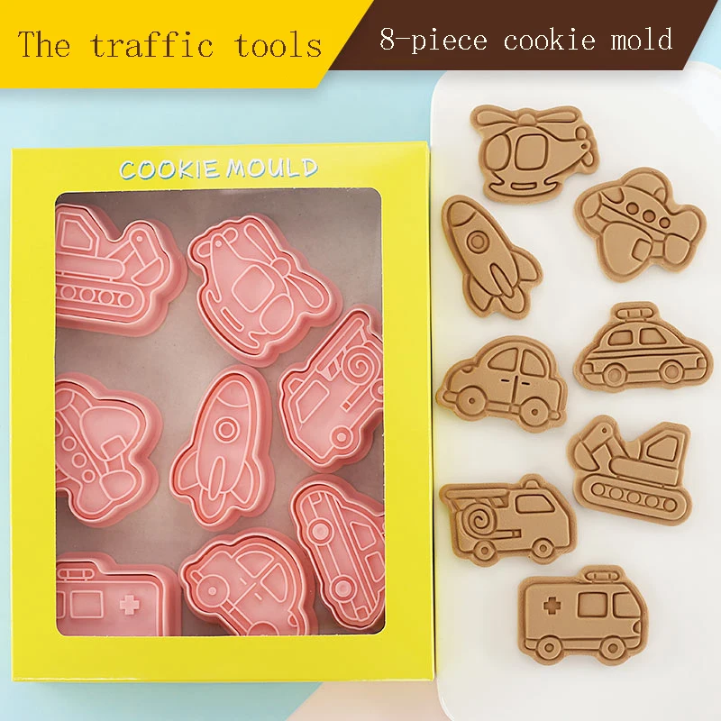 

8 Pcs/Set DIY Transportation Cartoon Biscuit Mould Cookie Cutter 3D Biscuits Mold Plastic Baking Mould Cookie Decorating Tools