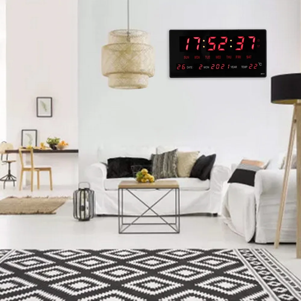 LED Digital Wall Clock Large Screen Plug in Use Digital Calendar Wall Clock US/EU/UK Temperature Display