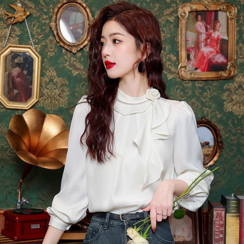 

Винтажная женская блузка 2026 года, весна-осень, с длинным рукавом, во французском стиле, с оборками, элегантная, для повседневной носки