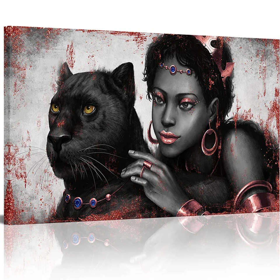 DIY African Woman With Rose Gold Pink Fashion Jewerly and Cool Black Panther Dimaond Painting For Girl Woman Bedroom Salon Home