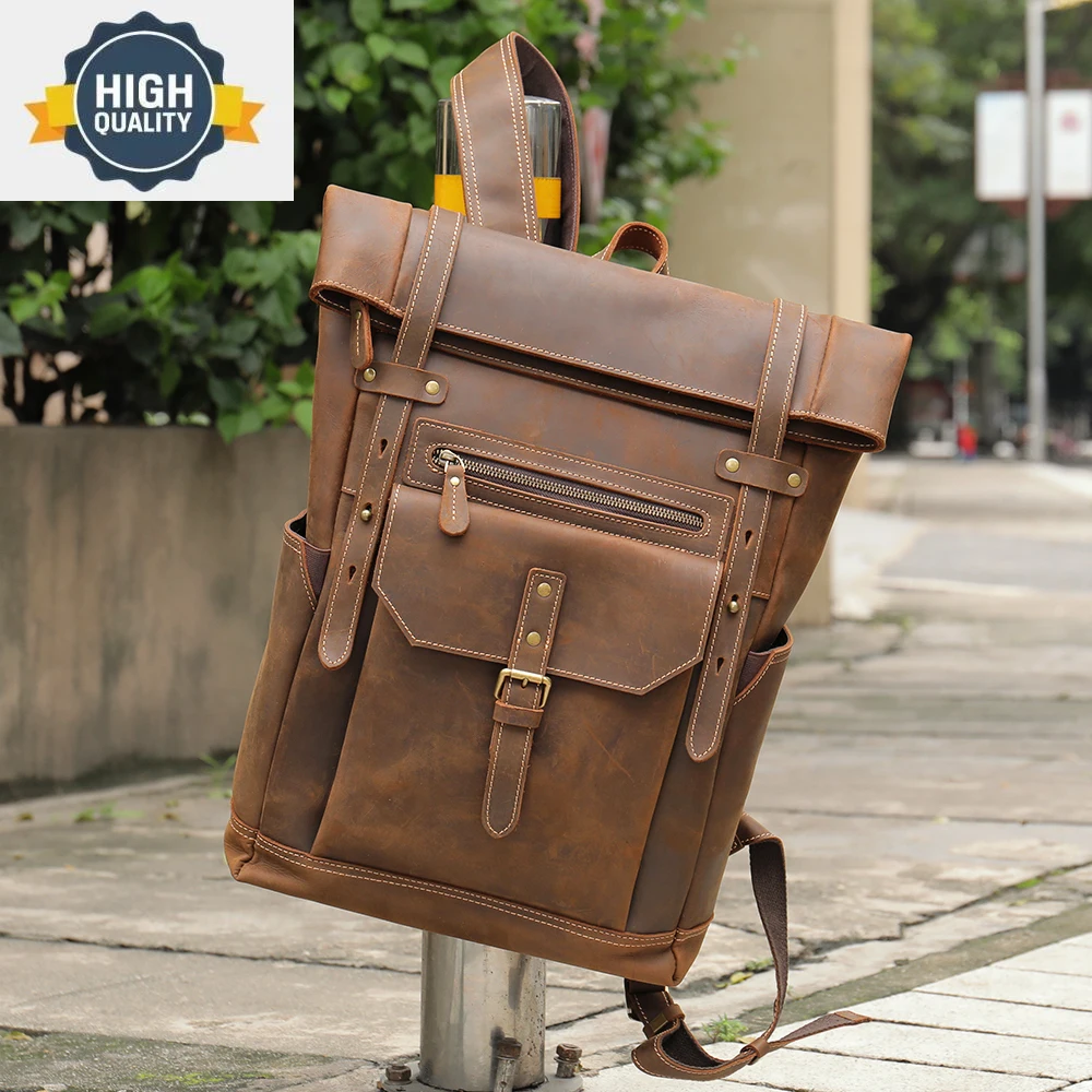 

Leather Backpack Vintage For Men 15.6 inch Laptop Travel Office Bag Large Men's s Rucksack 2035