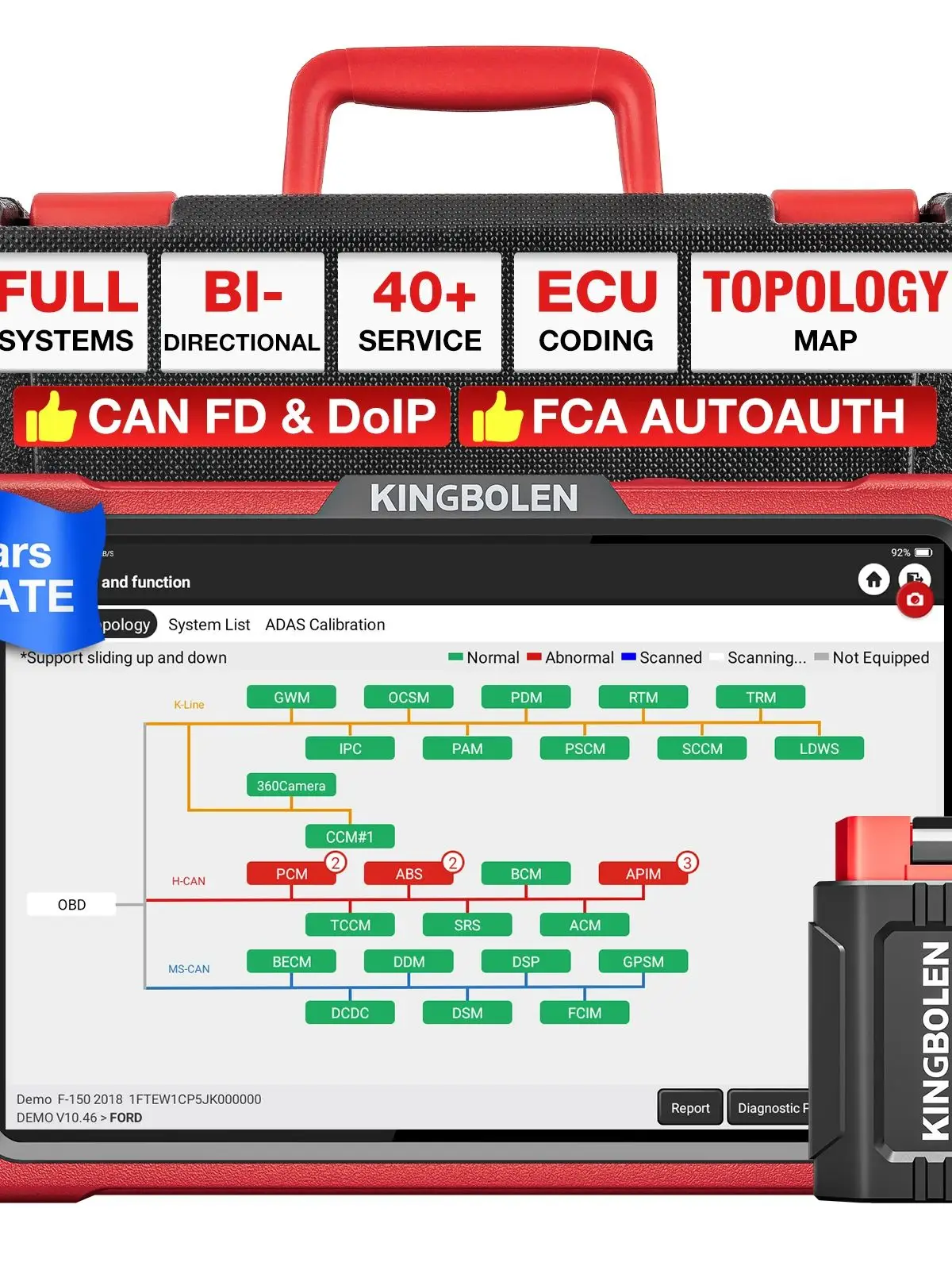 Skaner OBD2 KINGBOLEN K10 PRO / K10 ELITE - narzędzie do diagnostyki pełnego systemu z diagramem topologicznym, protokołem CAN FD i DOIP, ponad 40 funkcji resetowania, 2 lata bezpłatnych aktualizacji — 2