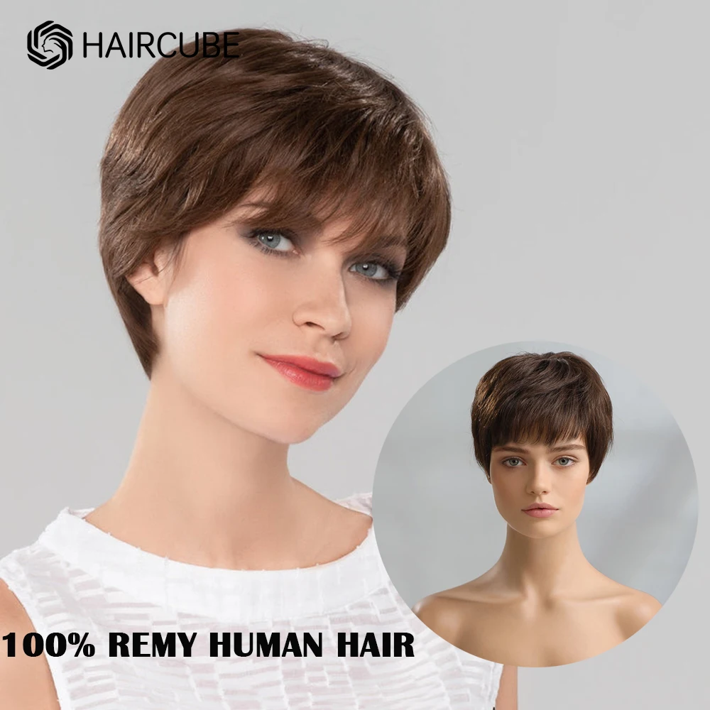 Perruque naturelle 100% Remy, cheveux lisses, coupe Pixie, brun, avec frange, pour femmes