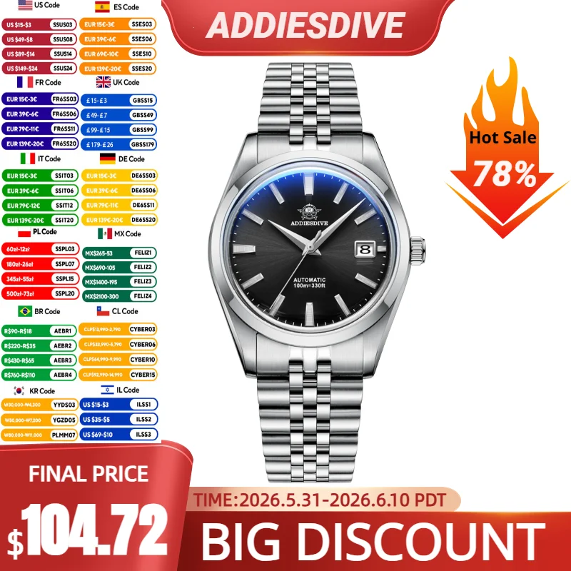 

ADDIESDIVE Luxury Casual Stainless Steel Couple Watches Bubble Mirror Glass NH35 Mechanical Watches Lover's Gift 100M Waterproof