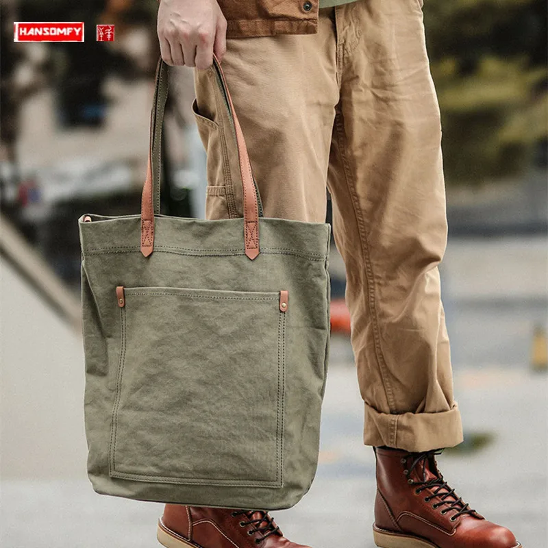 Bolso de mano artístico Retro para hombre, bolsa de cuero de vaca con lona, bandolera de hombro, portátil, novedad de 2024