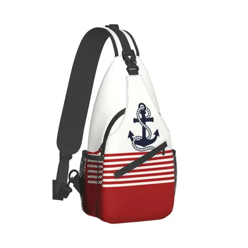 Fashion Navy Blue Stripes Nautical Anchor Boat Sling Bags for Cycling Camping Men Crossbody Chest Backpack Shoulder Daypack