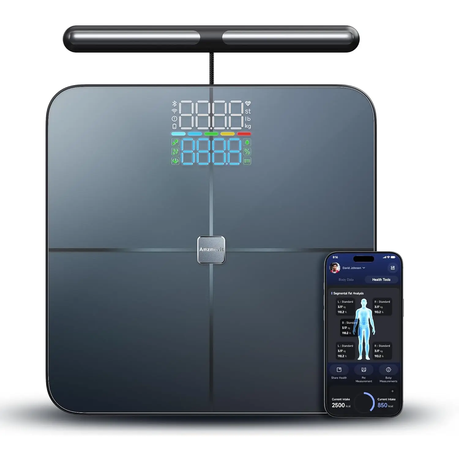 

Smart Body Scale with 8-Electrode Technology, Measures Weight Fat BMI Muscle, Bluetooth Wi-Fi Compatible
