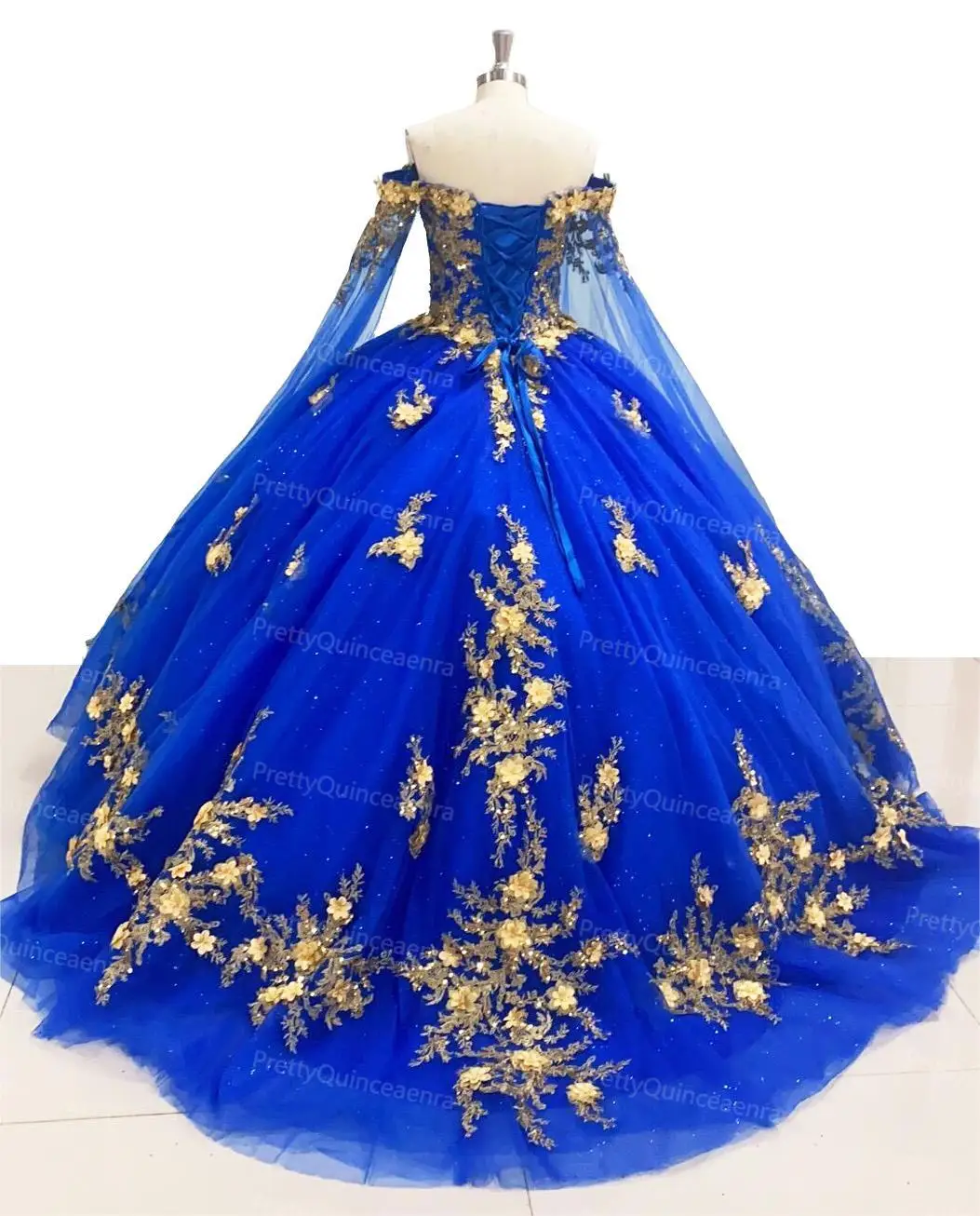 Robe de Quinceanera à manches longues personnalisée avec train court, fleurs 3D, robe de Rh, bleu royal et or, Off Initiated