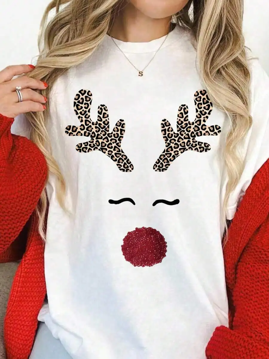 Women's Vintage Graphic Tee Reindeer Leopard White Cotton Print Crewneck Short Sleeve Regular Fit Ugly Christmas Sweater Party Fall Winter Top
