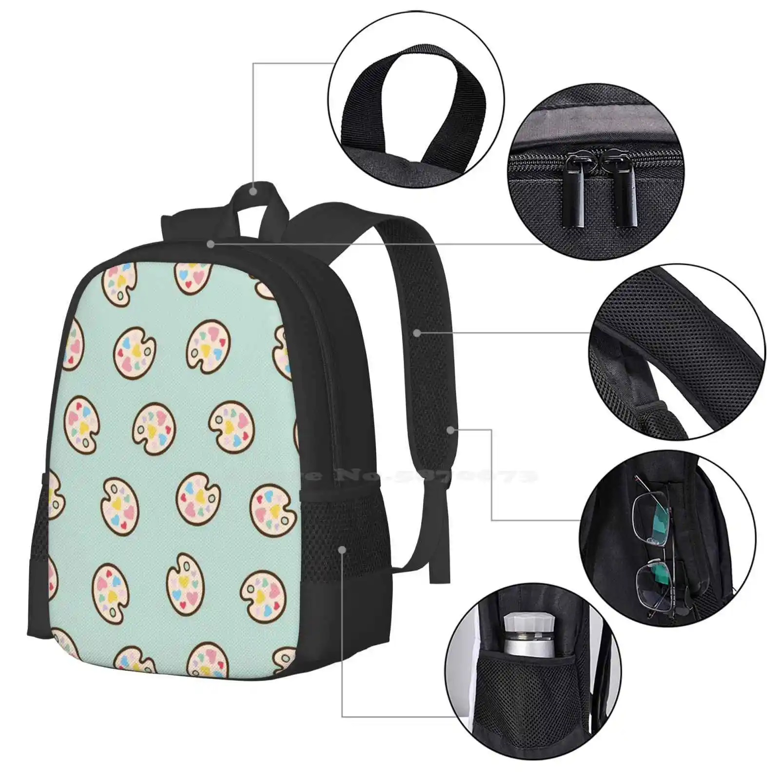 Heart Paint Palette Pattern On Mint School Bags For Teenage Girls Laptop Travel Bags Painter Palette Pallete Pallette Hearts