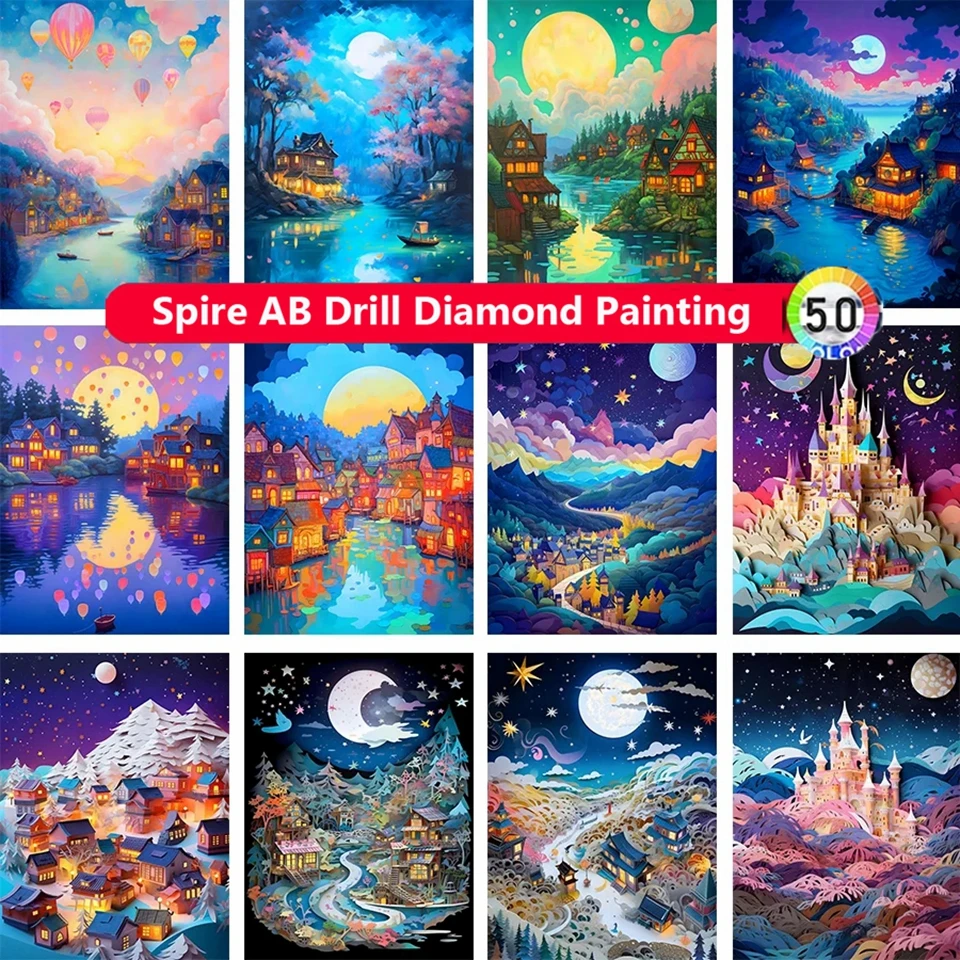 

Fantasy Scenery AB Drills Diamond Painting Moon Castle Landscape Art Embroidery Cross Stitch Kits Mosaic 5d Diy Home Decor Gift
