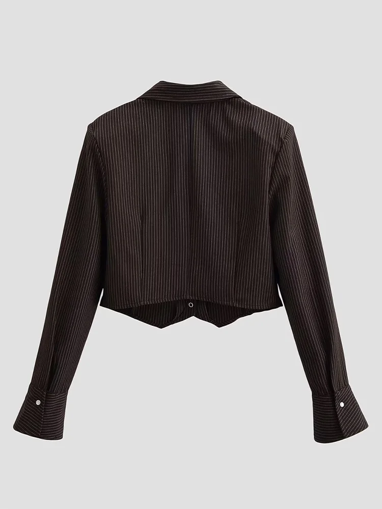 HH Frühling Frau Elegante einreiher Streifen Lose Kurze Hemd Frauen Pendeln Vielseitig Lange Ärmel Streetwear V-ausschnitt Tops