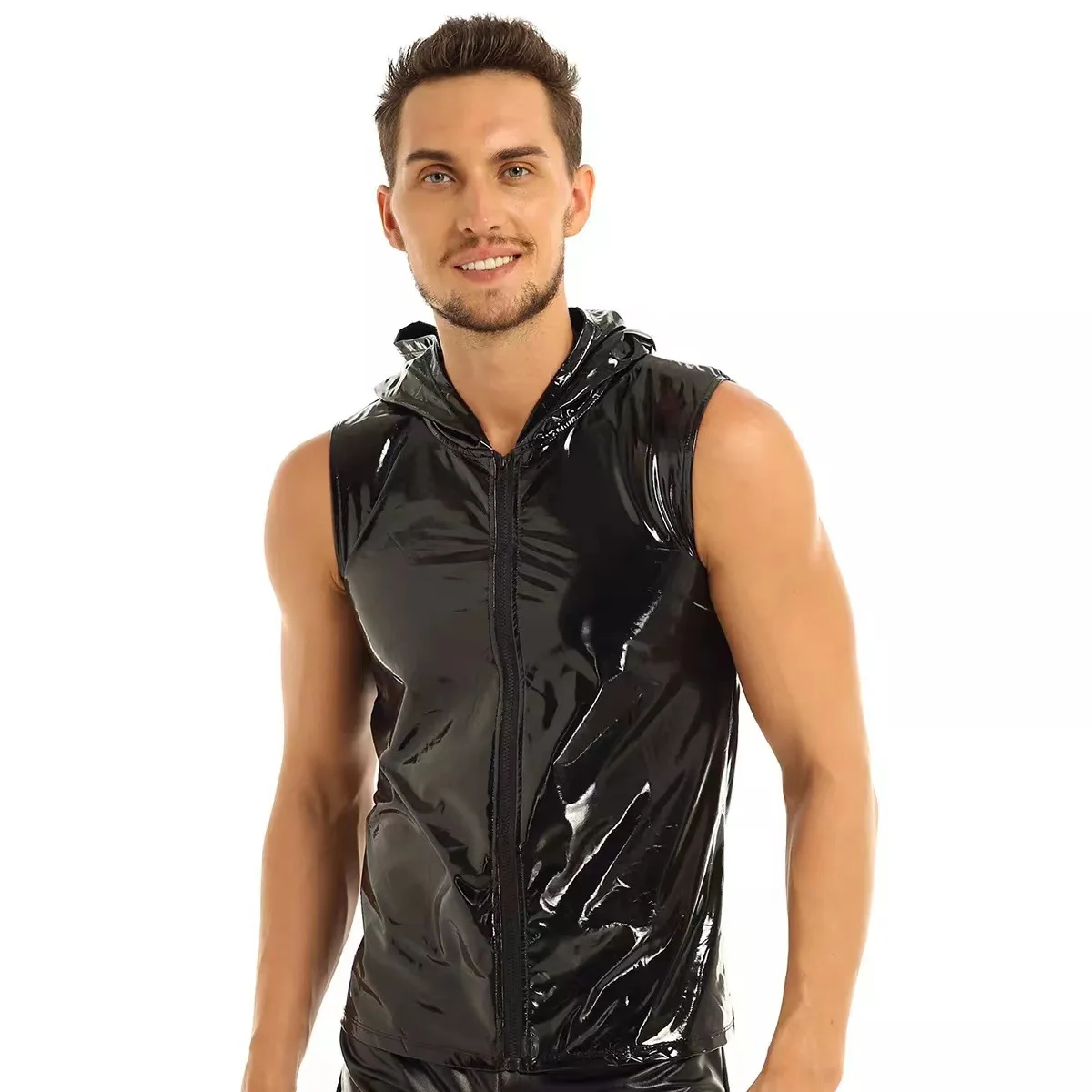 Men Mirror PVC Leather Vest Bright Leather Hooded Sleeveless Waistcoat Punk Style Zipper Shirt Tanks Casual Four Seasons Tanktop