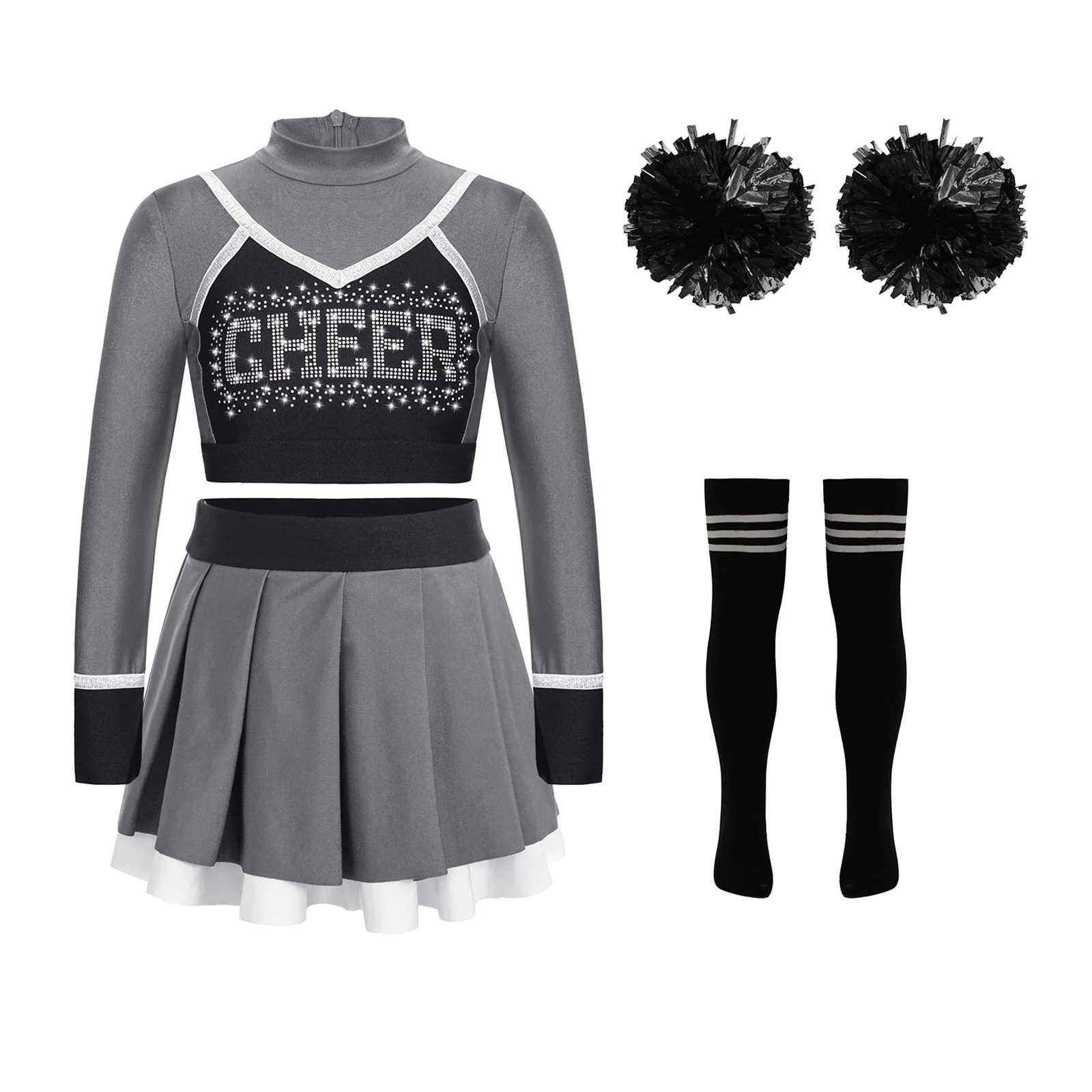 Girls Cheerleading Dance Outfit Glittery Rhinestone Letter Pattern Patchwork Long Sleeve Crop Top Pleated Skirt Suit