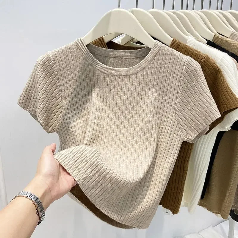 2023 HOT Summer Women Sweater O-neck Short Sleeve Tshirt Korean Fashion Knitwears Slim Fit Pullovers Bottoming Shirt Knit Top