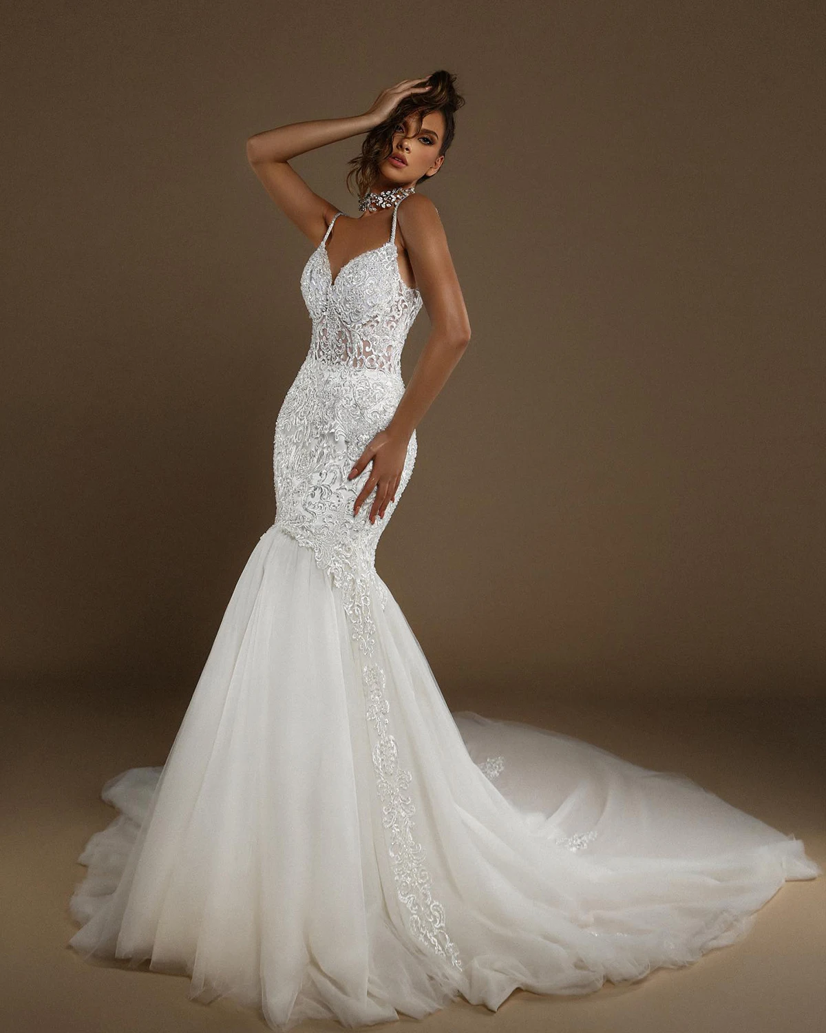 Luxury Mermaid Wedding Dresses Sexy Spaghetti Straps Appliques Lace Bridal Gowns Custom Made Backless Sweep Train Robes