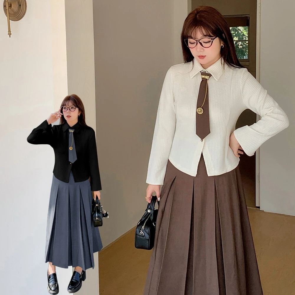 Fashionable Preppy Style Long Sleeve Slim Shirt and Pleated Long Skirt  Set for Plus Size Women