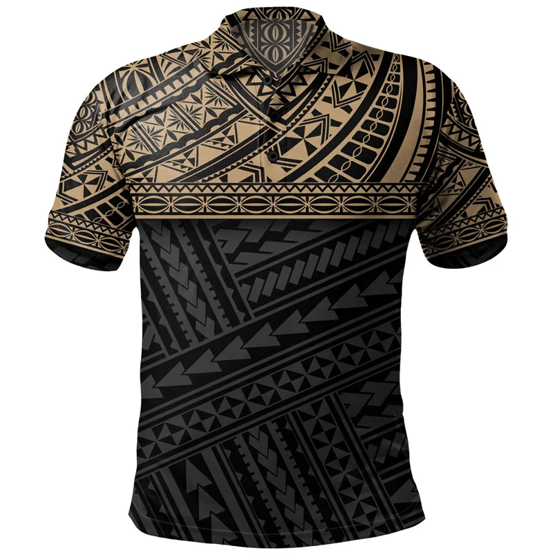 Polynesian Tribal Pattern Polo Shirt For Men 3D Print Short Sleeves T-shirt Hawaiian Street Summer Button Loose Lapel T Shirts