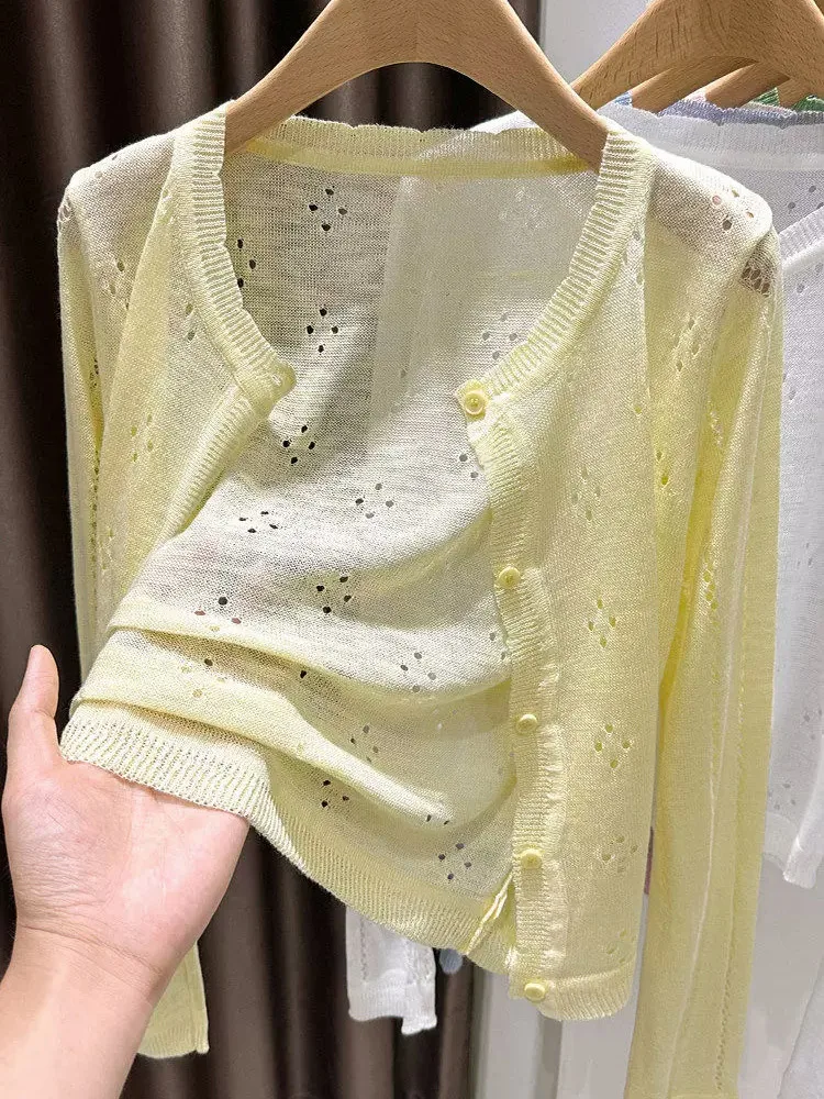 Ladies Hollow Short Jacket Yellow Elastic Knitted Long Sleeve Single Breasted Cropped Summer Sun Protection Outer Cardigan
