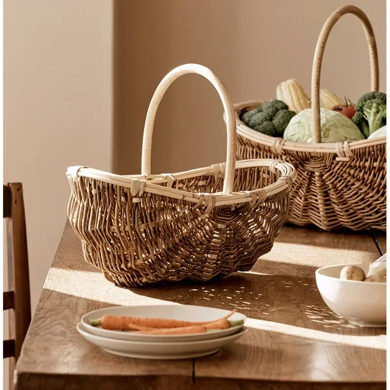 Kitchen Vegetable Basket Natural Willow Weaving Storage Box MultiFunctional Picnic Baskets Convenient Handle Sundries Sorting