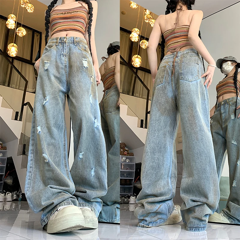 

Women American Ripped Jeans Female High Waist Baggy Harajuku Y2k Oversize Denim Wide Leg Trousers Girls Blue 90s Aesthetic Pants