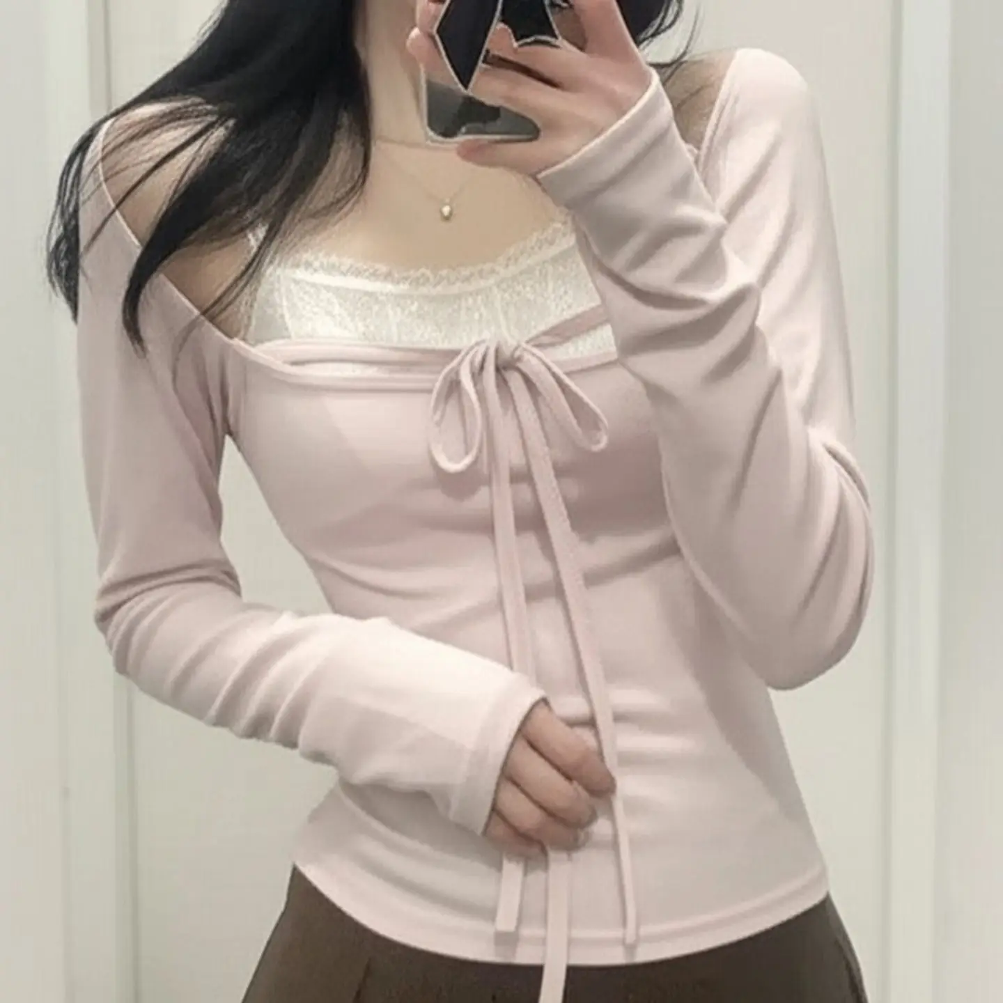 Sweet Lolita French Lace Blouse Women Fake Two Piece Bowk Ribbon Tie Off Shoulder Slim Fit Cute Kawaii Harajuku Fashion Outfit