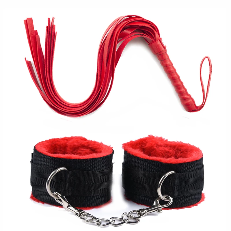 44cm PU Leather Whip Flogger Plush Nylon Plush Sex Handcuffs Bondage Slave Exotic Accessories Toys For Couples Adults Games