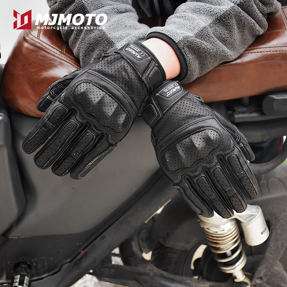 

MJMOTO Vintage Leather Motorcycle Gloves Touchscreen Motocross Gloves Hard Shell Protective Motorbike Gloves Breathable Non-slip