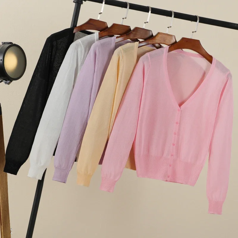 Cardigan de verão feminino recortado estilo coreano moda feminino preto casaco roupas com decote em v senhoras camisola outerwear bonito básico