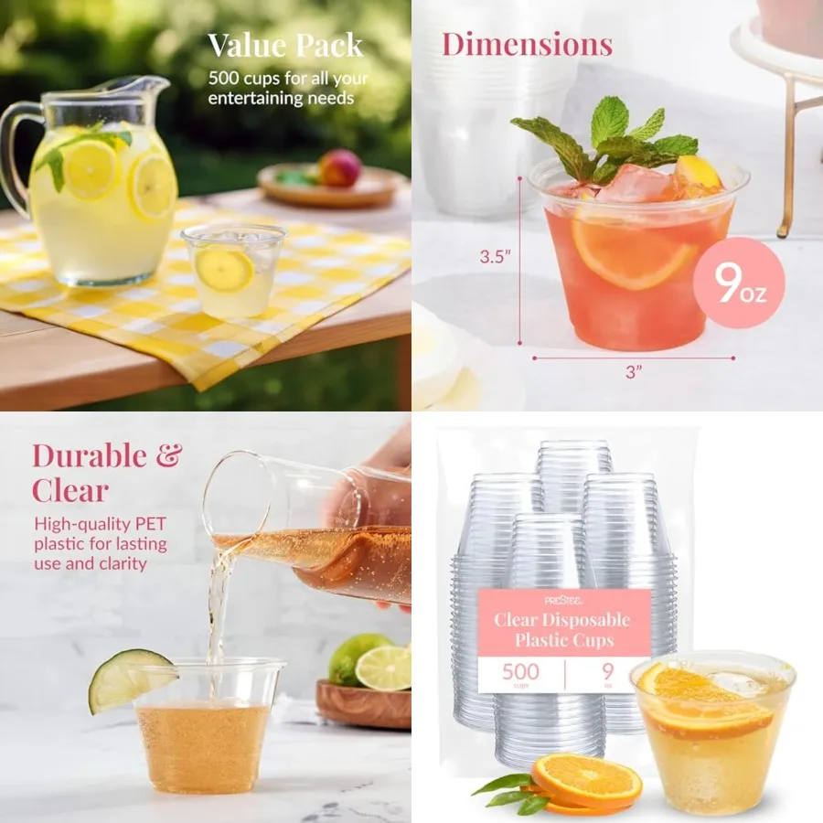 

500 Plastic Cups - 9 oz Cocktail Cups for Parties and Events, Plastic Cocktail Glasses, Disposable Drinkware - Durable Drinkwar