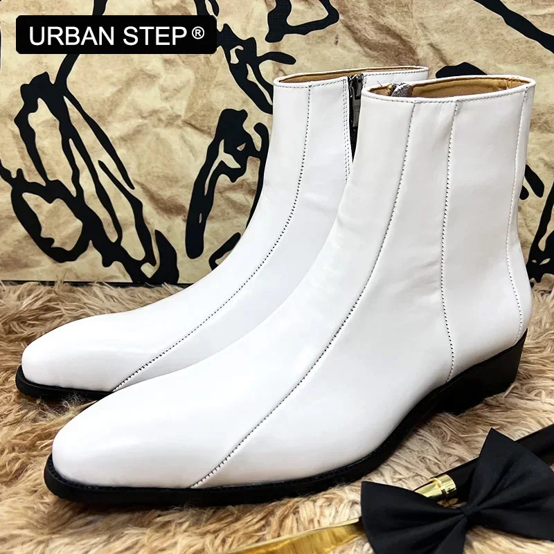 

Luxury Designer Men Ankle Boots Shoes Black White Zip Genuine Leather Mens Dress Chelsea Boots Shoe Wedding Office Boots For Men