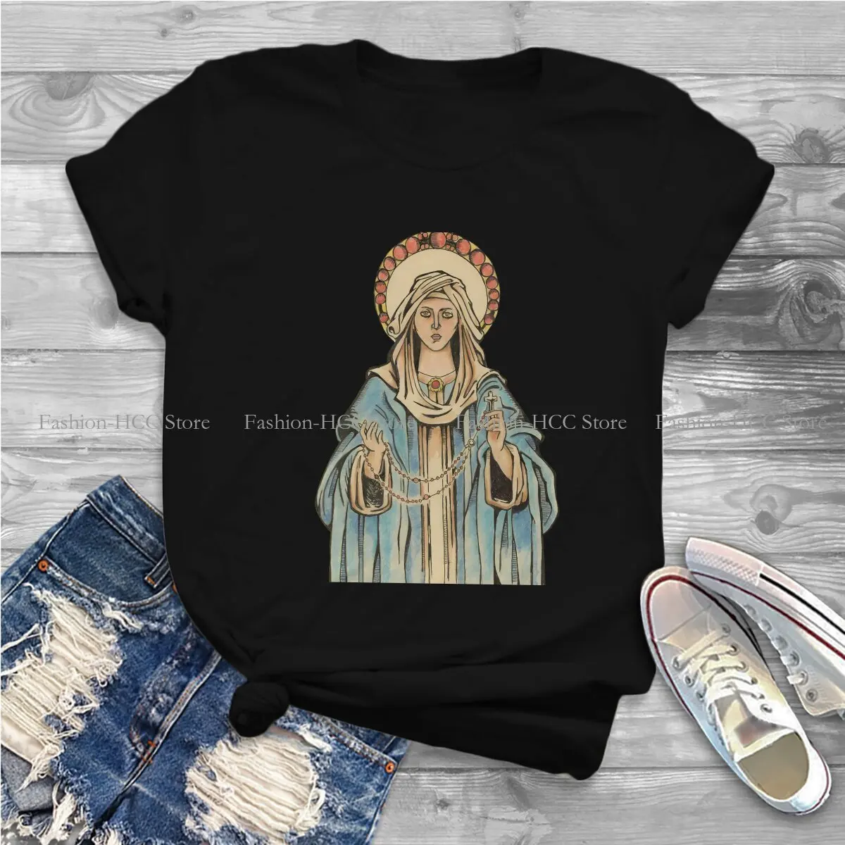 Virgin Mary God Polyester TShirt for Women Rosary Basic Summer Sweatshirts T Shirt Novelty New Design