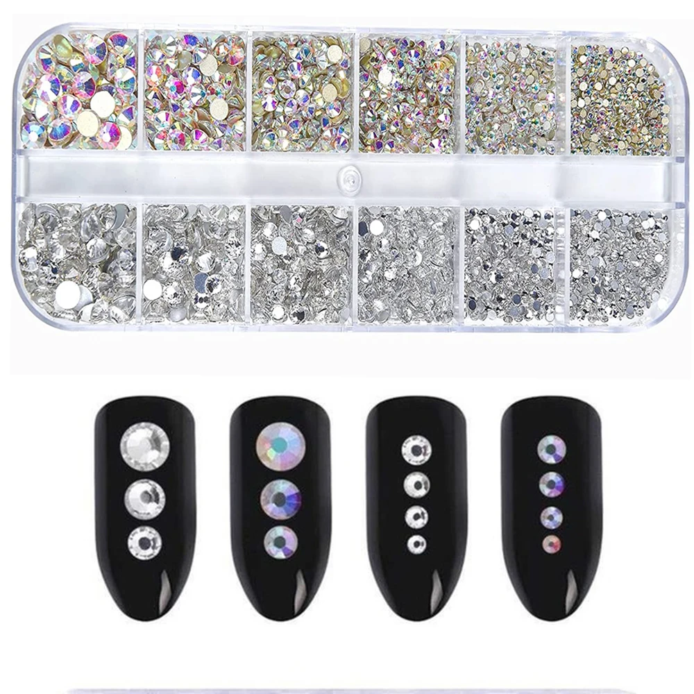 12Grid Clear AB Nail Art Rhinestones 3D Crystal Flatback Nail Gems Stones Round Beads Dazzling Diamonds Strass For Manicure