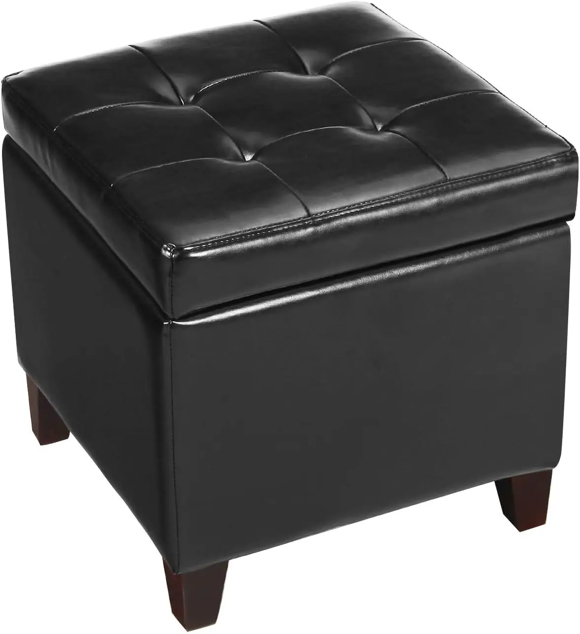 Black PU Leather Square Storage Ottoman Lift Top Footstool with Wood Legs, 18