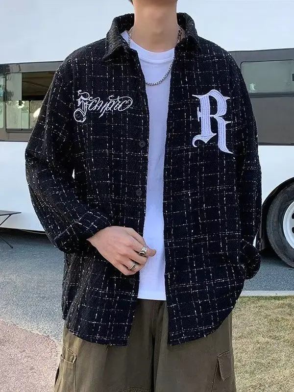 

Мужская осенняя верхняя одежда Street Sle: длинная рубашка с вышивкой, в клетку, с эффектом премиум-класса, из полиэстера