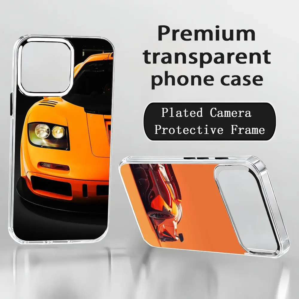 Coque de téléphone transparente pour iPhone 17 Air 16 15 14 13 12 11 Pro Max Plus, motif voiture de sport M-McLar cool enes, avec bouton chromé et anneau de caméra