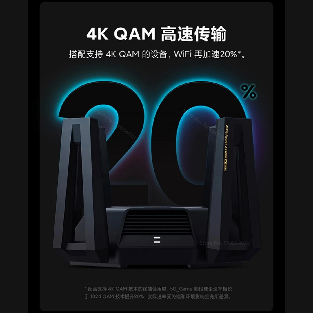 Xiaomi Router AX9000 WiFi 6 Enhanced Version 2.4G/5G/5G-Game 3 Channels 4-Core CPU 1GB RAM 4K QAM 12 High-Gain Antennas Router