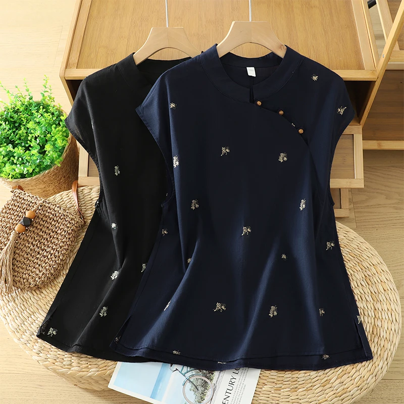 

Summer New Style Cotton Linen Short Sleeve Shirt Embroidered Slanting Lapel Stand Collar Artistic Loose Fit Women's Top